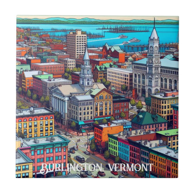 Burlington, Vermont Tecknad Bok Stil Art Kakelplatta (Framsidan)