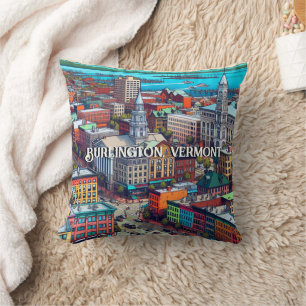 Burlington, Vermont Tecknad Bok Stil Art Kudde
