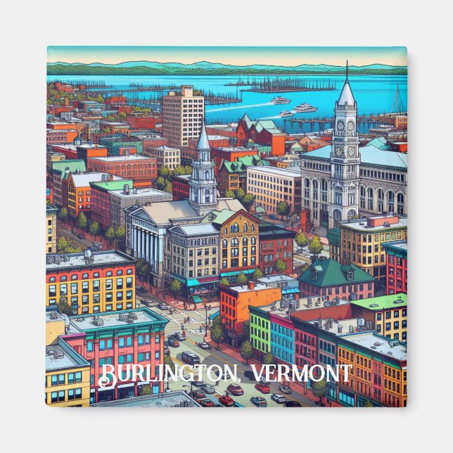 Burlington, Vermont Tecknad Bok Stil Art Magnet (Framsidan)