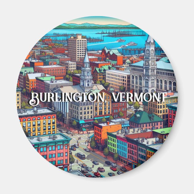 Burlington, Vermont Tecknad Bok Stil Art Magnet (Framsidan)