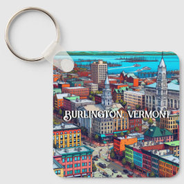 Burlington, Vermont Tecknad Bok Stil Art Nyckelring