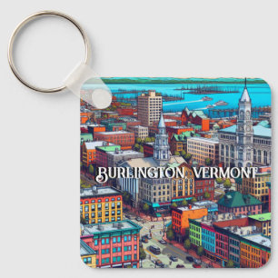 Burlington, Vermont Tecknad Bok Stil Art Nyckelring