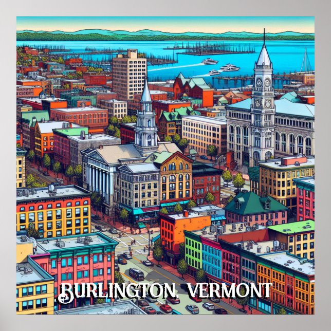Burlington, Vermont Tecknad Bok Stil Art Poster (Framsidan)