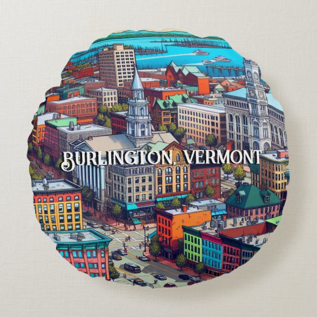 Burlington, Vermont Tecknad Bok Stil Art Rund Kudde (Framsidan)