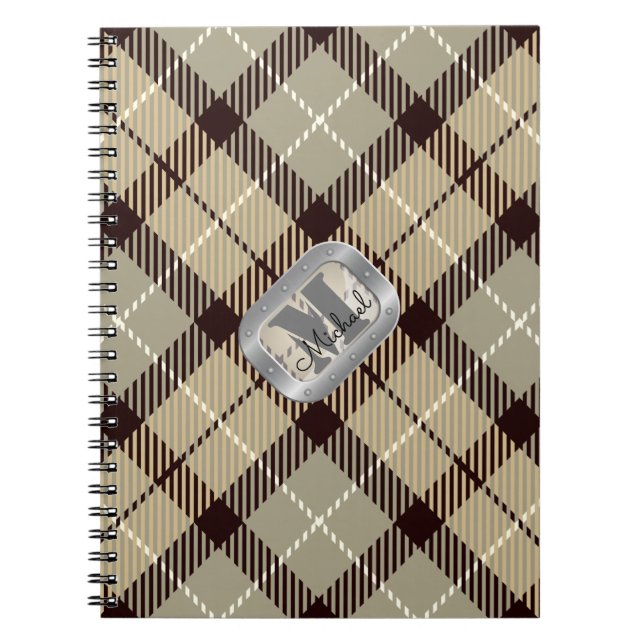 Burlywood Grått Tartan Metallic Monogram Script Anteckningsbok (Framsidan)