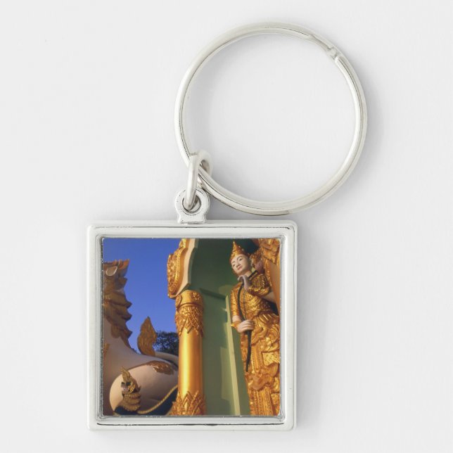 Burma (Myanmar), Rangoon (Yangon) Temple Fyrkantig Silverfärgad Nyckelring (Framsidan)