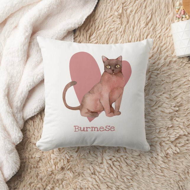 Burmeese Cat Watercolor Kattunge Rosa Heart Kudde (Filt)