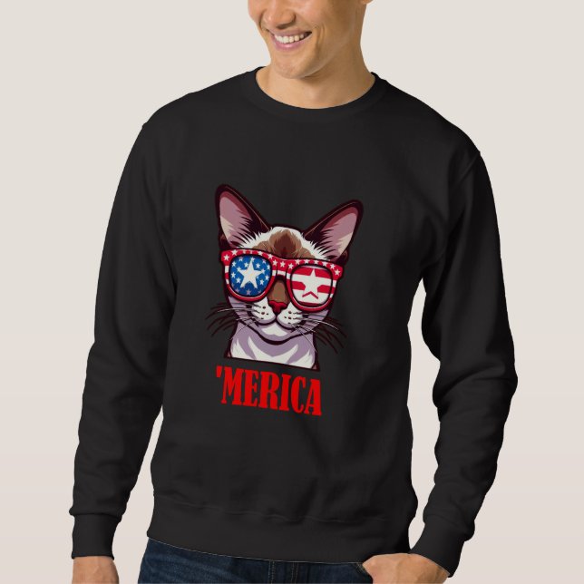 Burmese Cat Merica 4:e juli US Flagga Lång Ärmad Tröja (Framsida)