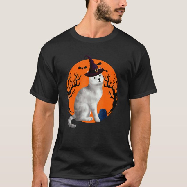 Burmilla Cat Halloween Witch Hat och Måne T Shirt (Framsida)