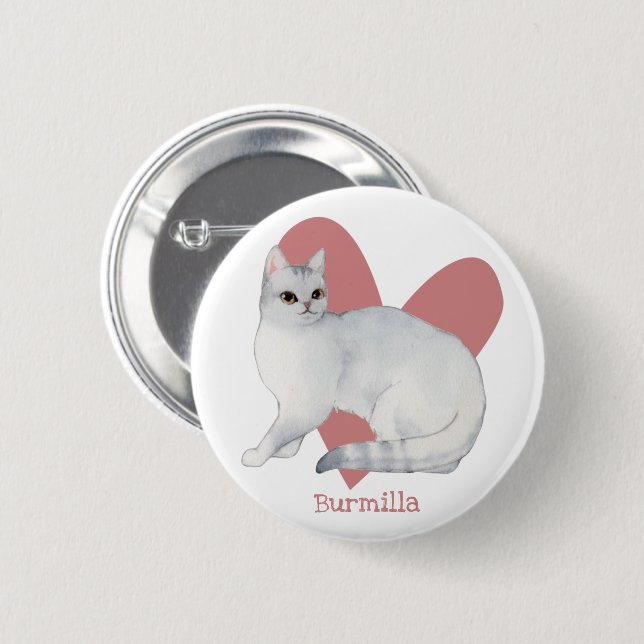 Burmilla Cat Watercolor Kattunge Rosa Heart Button Knapp (Framsida & baksida)