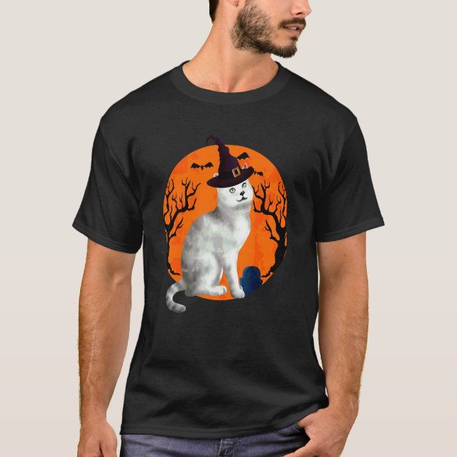 Burmilla Katt Halloween Häxa Hatt Och Måne T Shirt (Framsida)