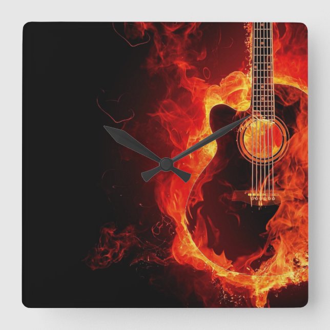 Burning Guitar, Orange Flames Music Sten Band Fyrkantig Klocka (Framsida)