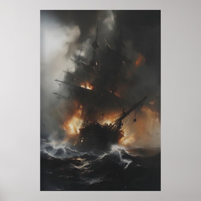 Burning Pirate Ship in Stormy Ocean Gothic Nautica Poster (Framsidan)
