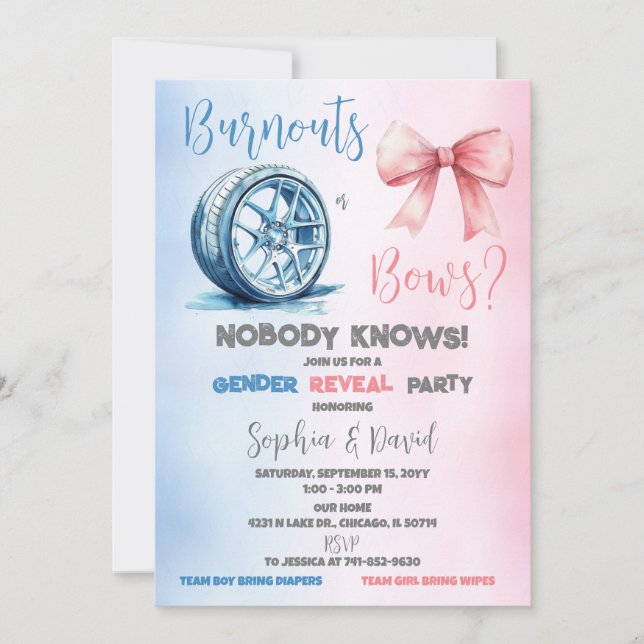 Burnouts eller bows Gender Reveal Party Inbjudningar (Framsida)