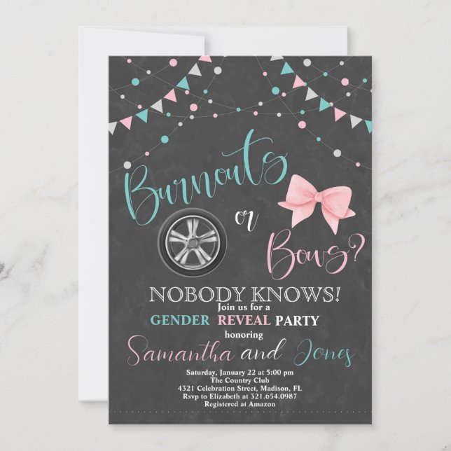 Burnouts eller Bows Gender Reveal Party Inbjudningar (Framsida)