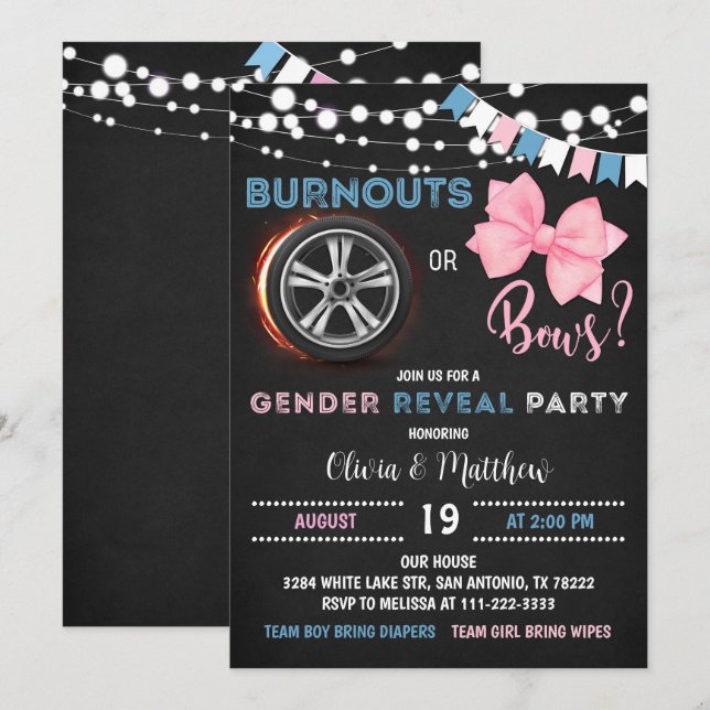 Burnouts eller bows Gender Reveal Party Inbjudningar (Fram/baksida)