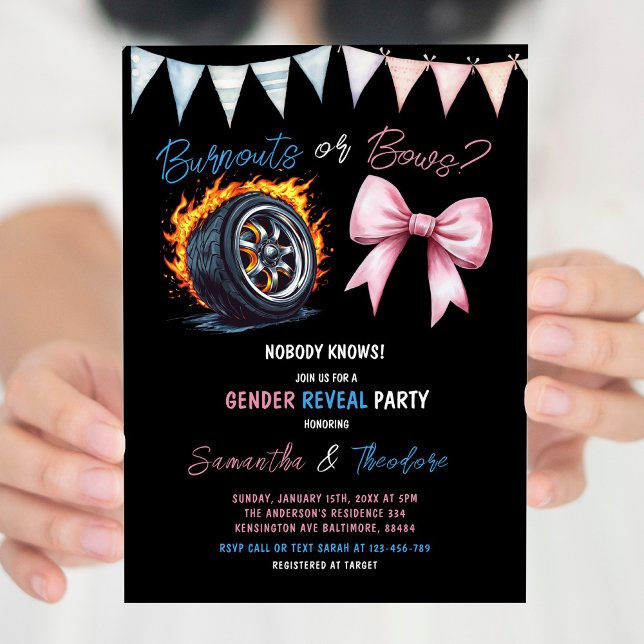 Burnouts eller Bows Girl eller Boy Gender Reveal P Inbjudningar (Skapare uppladdad)