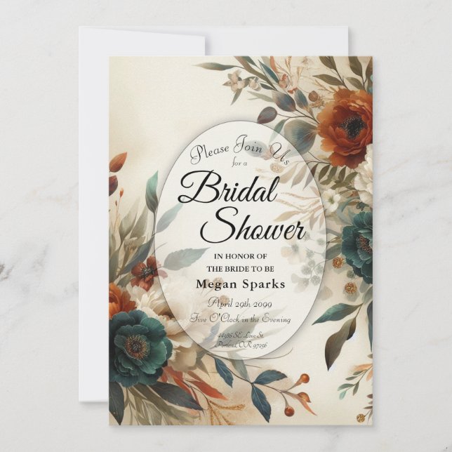 Burnt Orange and Blue Fall Flowers Bridal Shower Inbjudningar (Framsida)