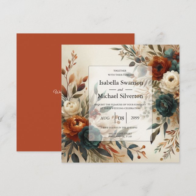 Burnt Orange and Blue Fall Flowers Wedding  Inbjudningar (Fram/baksida)