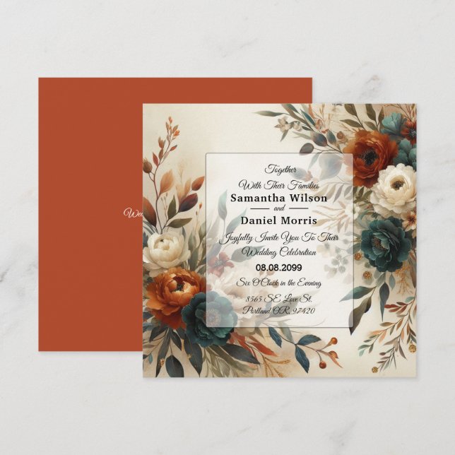 Burnt Orange and Blue Fall Flowers Wedding Inbjudningar (Fram/baksida)
