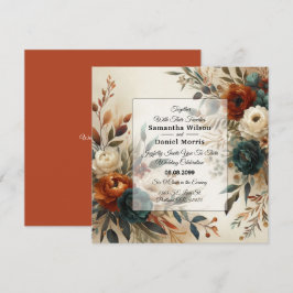 Burnt Orange and Blue Fall Flowers Wedding Inbjudningar