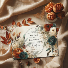 Burnt Orange and Blue Fall Flowers Wedding Inbjudningar