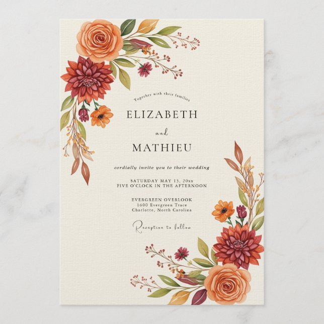 Burnt Orange Autumn Floral Wedding Inbjudningar (Framsida)