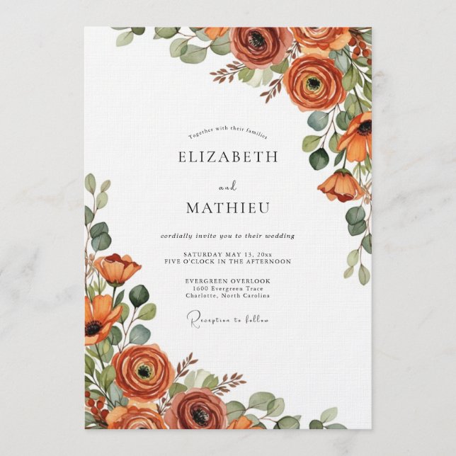 Burnt Orange Autumnal Bloom Wedding Inbjudningar (Framsida)
