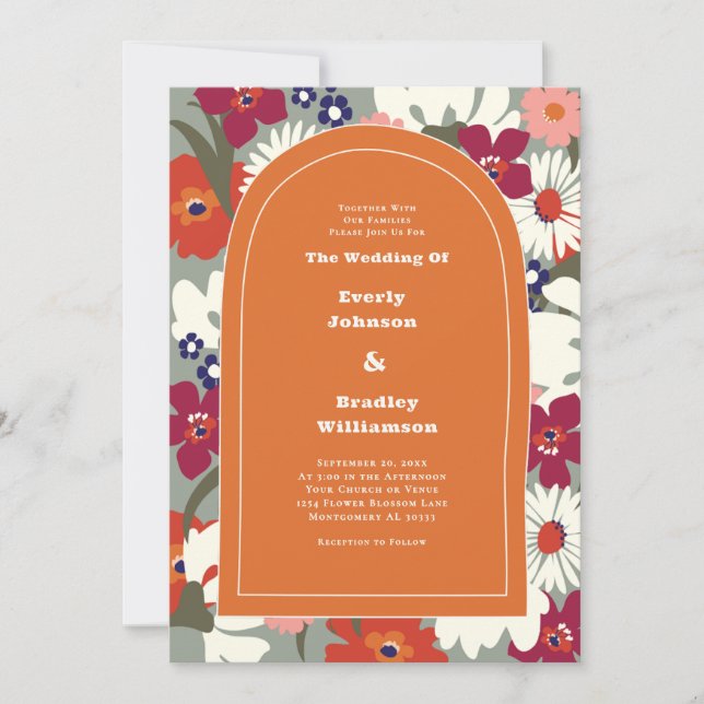 Burnt Orange Bold Floral Boho Chic Retro Wedding Inbjudningar (Framsida)
