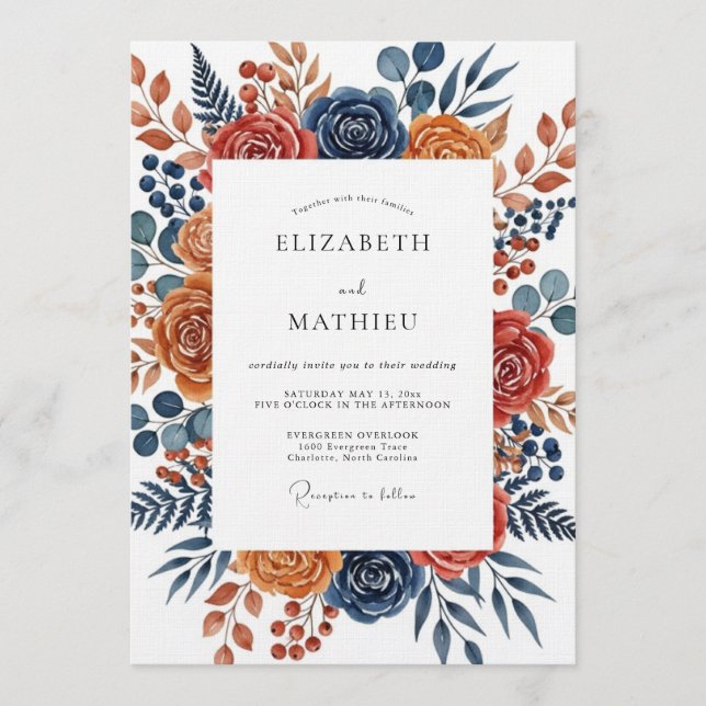 Burnt Orange Botanical Bloom Wedding Inbjudningar (Framsida)