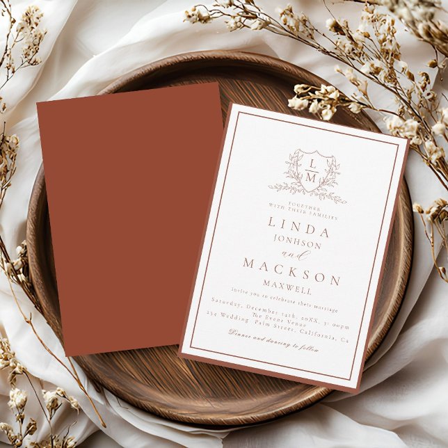 Burnt Orange botanical crest monogram wedding Inbjudningar (Skapare uppladdad)
