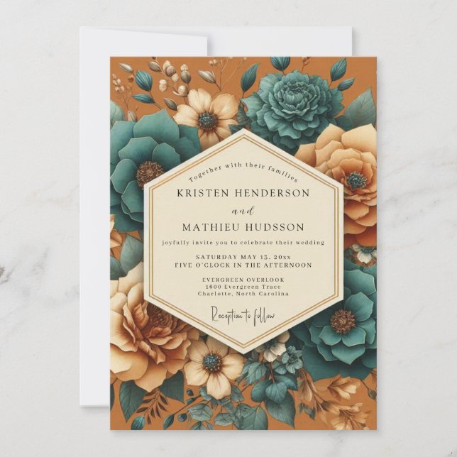 Burnt Orange Floral Opulent Wedding Inbjudningar (Framsida)