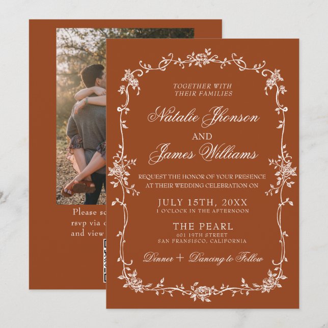 Burnt Orange Floral Terracotta QR Code Wedding Inbjudningar (Fram/baksida)
