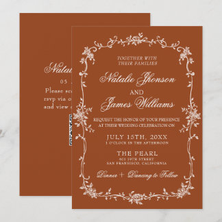 Burnt Orange Floral Terracotta QR Code Wedding Inbjudningar