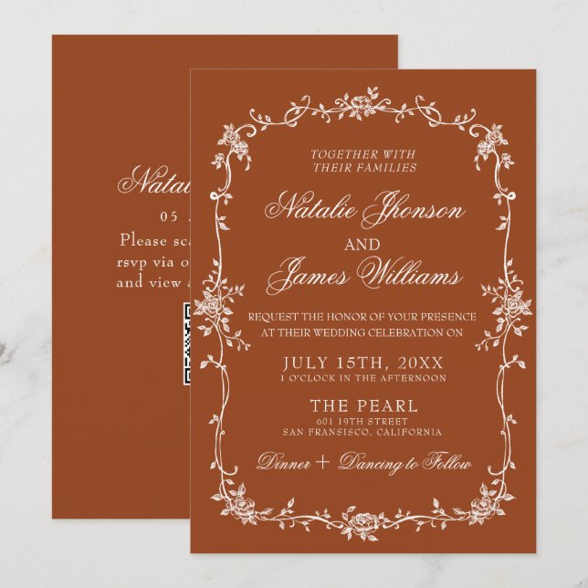 Burnt Orange Floral Terracotta QR Code Wedding Inbjudningar (Fram/baksida)