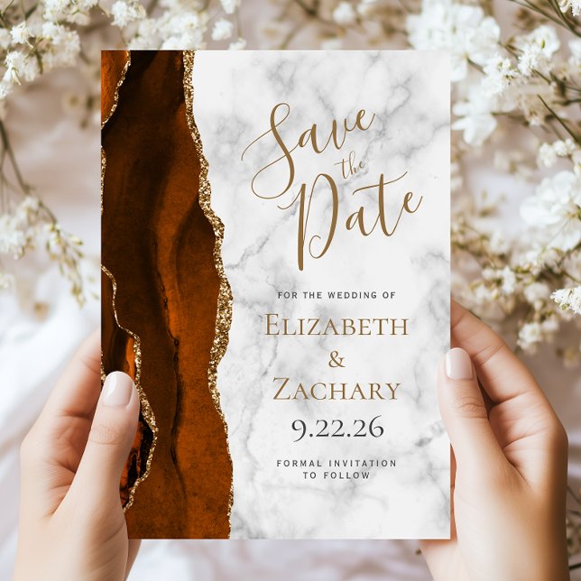 Burnt Orange Gold Agate Marble Save the Date Card Inbjudningar (Skapare uppladdad)