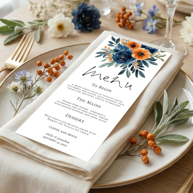 Burnt Orange Navy Blue Florals Wedding Meny (Skapare uppladdad)