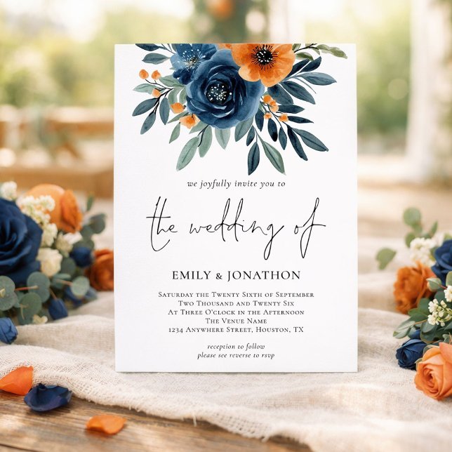 Burnt Orange Navy Florals QR Code Wedding Inbjudningar (Skapare uppladdad)