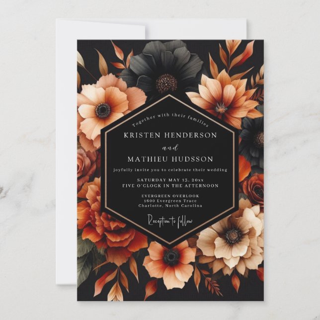 Burnt Orange Noir Bloom Wedding Inbjudningar (Framsida)