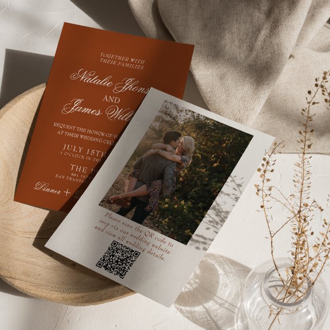 Burnt Orange Terracotta Photo QR Code Wedding Inbjudningar (Skapare uppladdad)