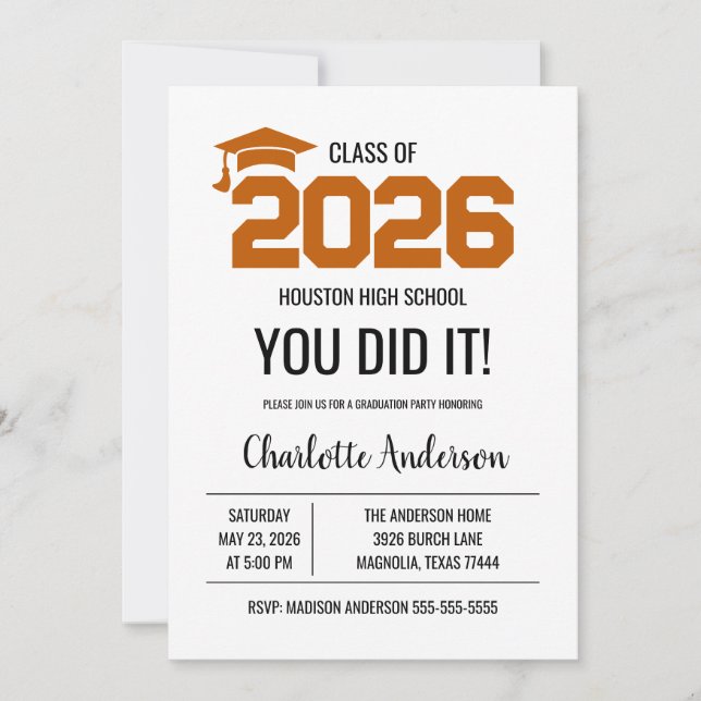 Burnt Orange You Did It Graduation Photo Inbjudningar (Framsida)