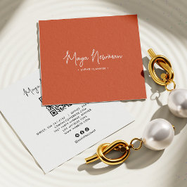 BURNT-ORANGEN NAMNTECKNING modern minimal QR-kod Fyrkantigt Visitkort