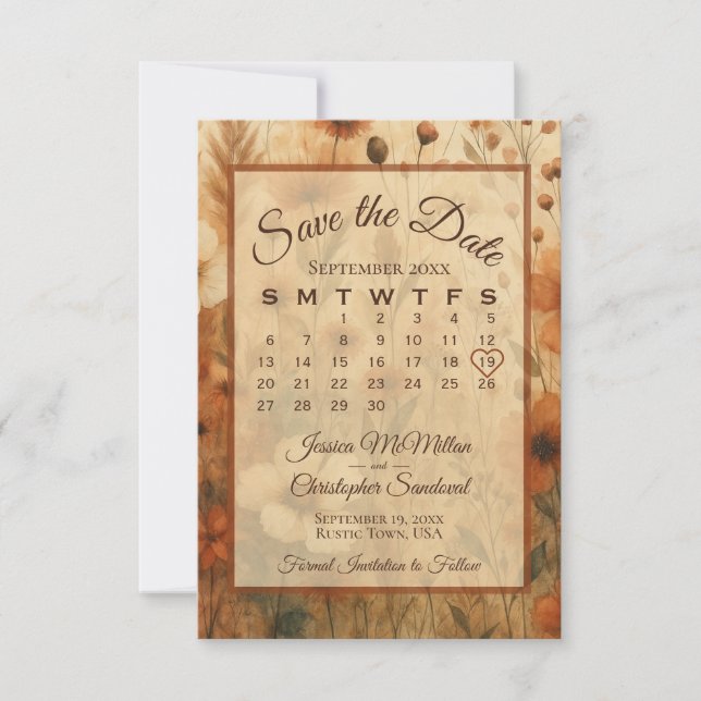 Burnt Sienna Boho Chic Flowers Calendar Wedding Spara Datumet (Framsida)