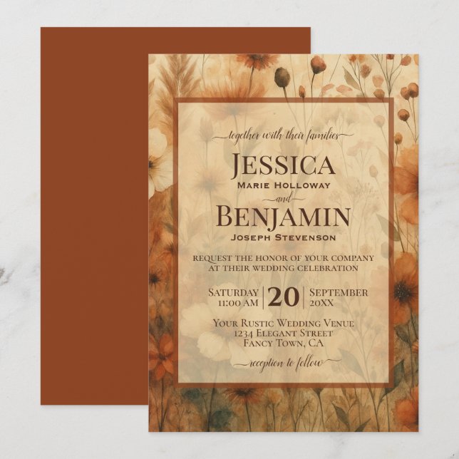 Burnt Sienna Boho Chic Wildflowers Stylish Wedding Inbjudningar (Fram/baksida)