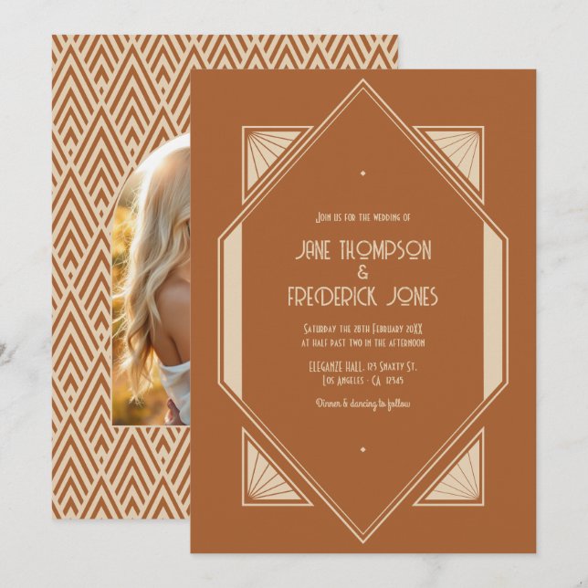 Burnt Sienna & Desert Taupe Art Deco Wedding Photo Inbjudningar (Fram/baksida)