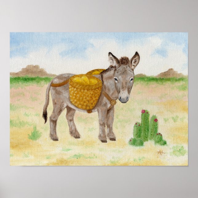 Burro med Basket-teckningsutskrift Poster (Framsidan)
