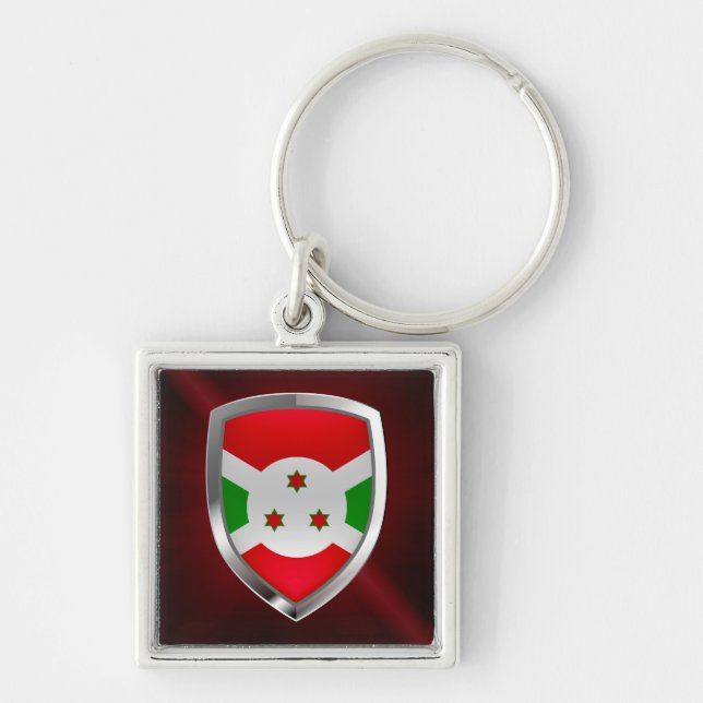 Burundi Mettalic Emblem Fyrkantig Silverfärgad Nyckelring (Framsidan)