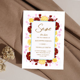 Burundisk rosa och gult blommigt elegant bröllop spara datumet