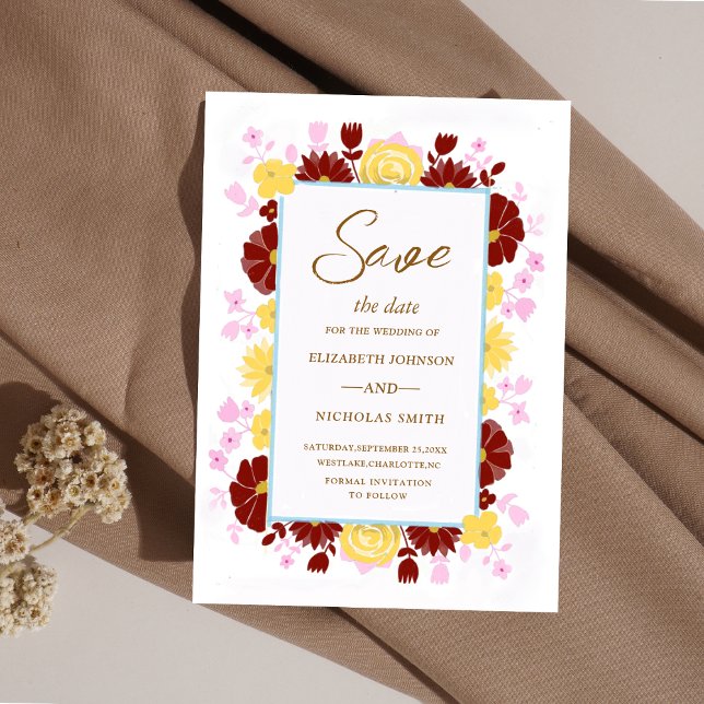 Burundisk rosa och gult blommigt elegant bröllop spara datumet (Skapare uppladdad)