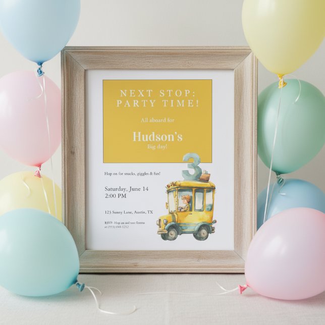 Bus Birthday Invitation • Kids Party Inbjudningar (Yellow bus birthday invitation in wooden frame with pastel balloons on light wall.)